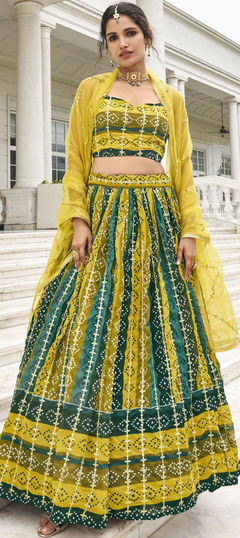 Multicolor color Lehenga in Georgette fabric with Bandhej, Printed, Sequence, Thread work