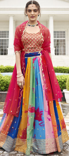 Multicolor color Lehenga in Georgette fabric with Embroidered, Printed, Sequence, Zari work