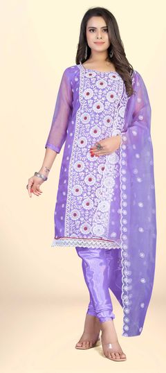 Casual, Party Wear Purple and Violet color Salwar Kameez in Organza Silk fabric with Churidar, Straight Embroidered, Lace, Resham, Thread work : 1838795