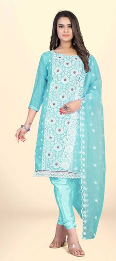 Casual, Party Wear Blue color Salwar Kameez in Organza Silk fabric with Churidar, Straight Embroidered, Lace, Resham, Thread work : 1838798