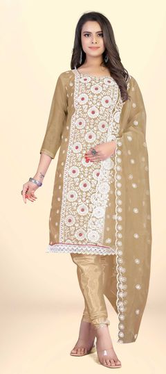 Beige and Brown color Salwar Kameez in Organza Silk fabric with Embroidered, Lace, Resham, Thread work