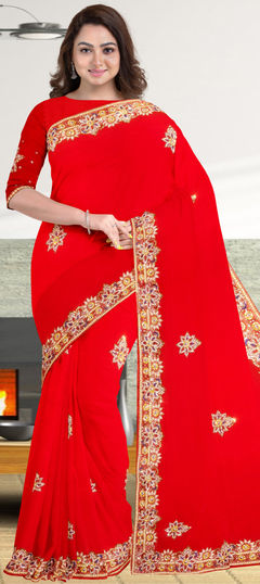 Red and Maroon color Saree in Georgette fabric with Bugle Beads, Stone work