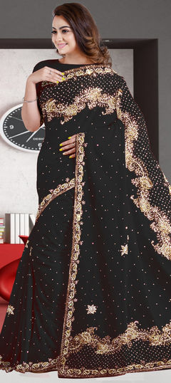 Black and Grey color Saree in Georgette fabric with Stone work