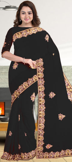 Black and Grey color Saree in Georgette fabric with Bugle Beads, Stone, Thread work