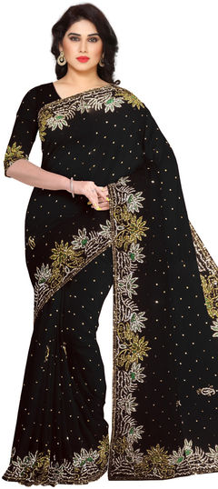 Black and Grey color Saree in Georgette fabric with Stone work