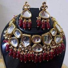 Gold Rodium Polish Red and Maroon color Necklace in Metal Alloy studded with Kundan