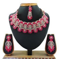Gold Rodium Polish Pink and Majenta color Necklace in Metal Alloy studded with CZ Diamond