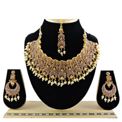 Gold Rodium Polish Gold color Necklace in Metal Alloy studded with CZ Diamond, Pearl
