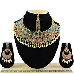 Gold Rodium Polish Green color Necklace in Metal Alloy studded with CZ Diamond, Pearl