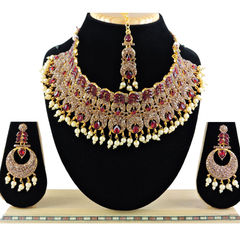 Gold Rodium Polish Red and Maroon color Necklace in Metal Alloy studded with CZ Diamond, Pearl