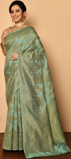 Blue color Saree in Banarasi Silk, Silk fabric with Weaving work