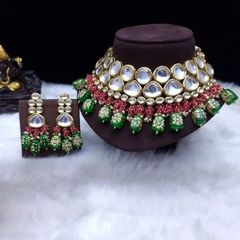 Gold Rodium Polish Multicolor color Necklace in Metal Alloy studded with Kundan