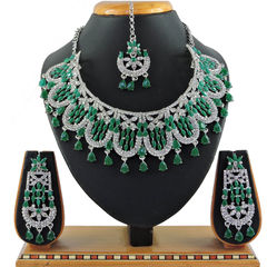 Gold Rodium Polish Green color Necklace in Metal Alloy studded with CZ Diamond