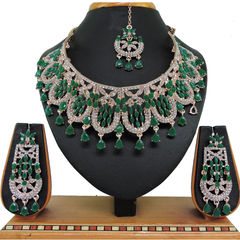 Gold Rodium Polish Green color Necklace in Metal Alloy studded with CZ Diamond