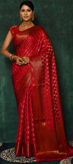 Red and Maroon color Saree in Silk fabric with Weaving work