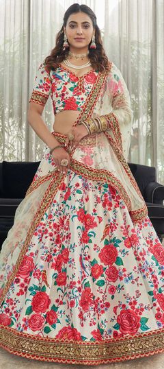 Festive, Mehendi Sangeet, Reception White and Off White color Lehenga in Art Silk fabric with A Line Digital Print, Floral, Sequence, Stone work : 1839687