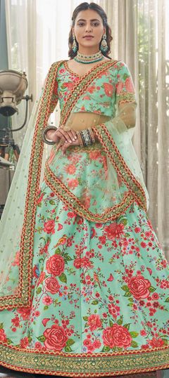 Festive, Mehendi Sangeet, Reception Green, Red and Maroon color Lehenga in Art Silk fabric with A Line Digital Print, Floral, Sequence, Stone work : 1839701