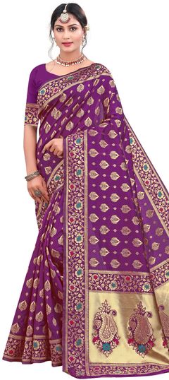 Purple and Violet color Saree in Art Silk, Silk fabric with Weaving work