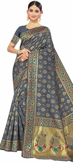 Black and Grey color Saree in Art Silk, Silk fabric with Weaving work