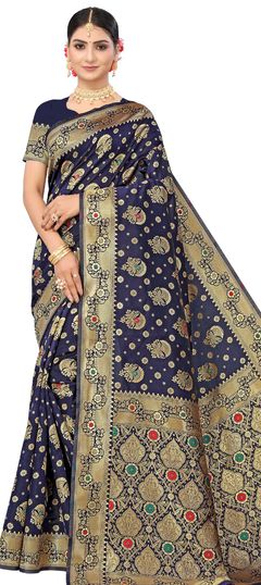 Blue color Saree in Art Silk, Silk fabric with Weaving work