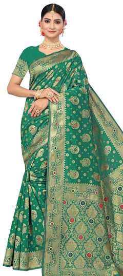 Green color Saree in Art Silk, Silk fabric with Weaving work