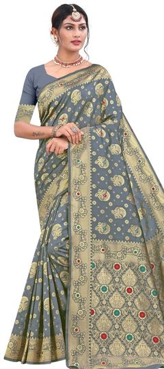 Black and Grey color Saree in Art Silk, Silk fabric with Weaving work