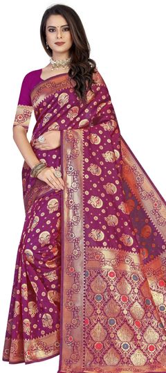 Pink and Majenta color Saree in Art Silk, Silk fabric with Weaving work