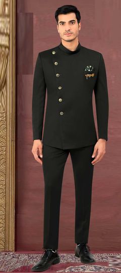 Black and Grey color Jodhpuri Suit in Rayon fabric with Border work