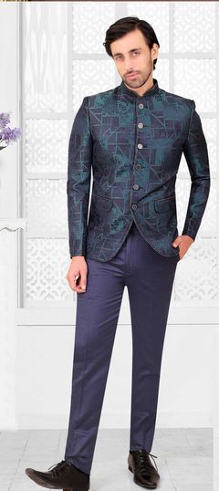 Black and Grey color Jodhpuri Suit in Rayon fabric with Broches work