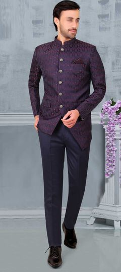 Blue color Jodhpuri Suit in Rayon fabric with Printed work