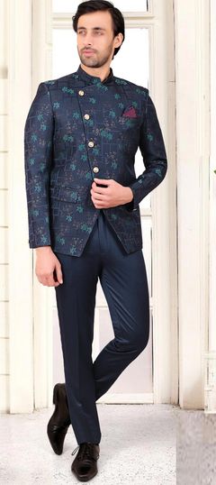 Blue color Jodhpuri Suit in Rayon fabric with Printed work