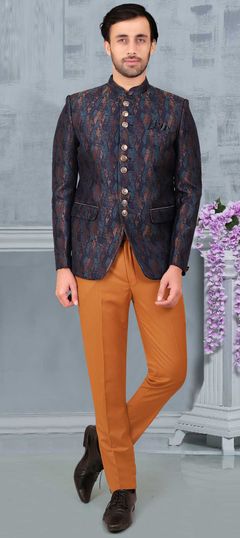 Blue, Gold color Jodhpuri Suit in Rayon fabric with Printed work
