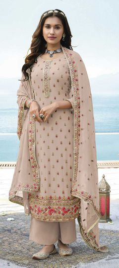 Beige and Brown color Salwar Kameez in Faux Georgette fabric with Embroidered, Resham, Sequence, Thread work