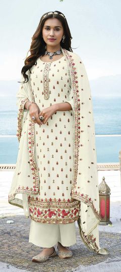 White and Off White color Salwar Kameez in Faux Georgette fabric with Embroidered, Resham, Sequence, Thread work