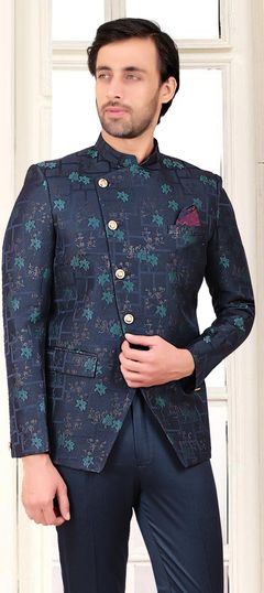 Blue color Blazer in Rayon fabric with Printed work