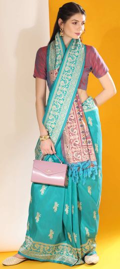 Blue color Saree in Raw Silk, Silk fabric with Weaving work