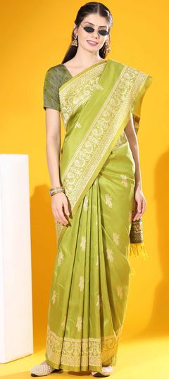 Traditional Green color Saree in Raw Silk, Silk fabric with South Weaving work : 1840211