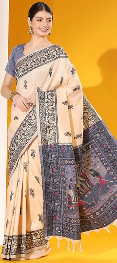 White and Off White color Saree in Raw Silk, Silk fabric with Weaving work