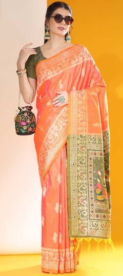 Orange color Saree in Raw Silk, Silk fabric with Weaving work