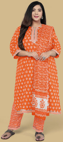 Orange color Salwar Kameez in Cotton fabric with Printed work