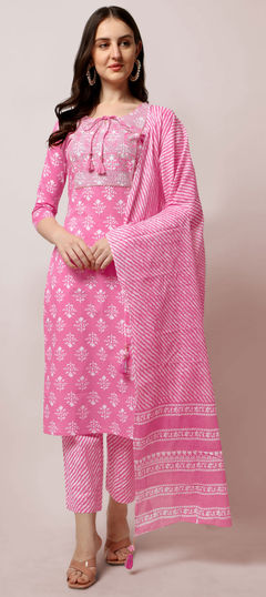 Pink and Majenta color Salwar Kameez in Cotton fabric with Printed, Sequence, Thread work