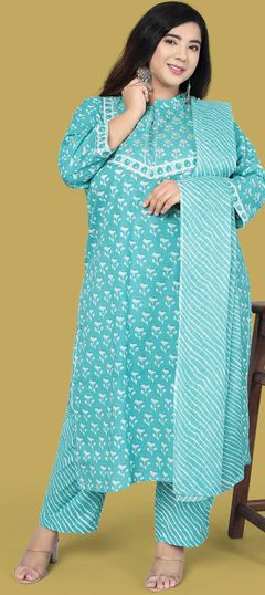 Blue color Salwar Kameez in Cotton fabric with Gota Patti, Printed, Sequence, Thread work