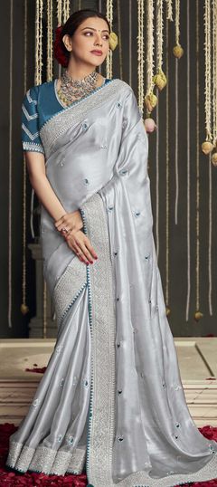 Black and Grey color Saree in Silk fabric with Border, Embroidered, Resham, Stone, Thread, Zari work