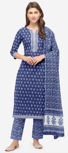 Blue color Salwar Kameez in Cotton fabric with Printed work