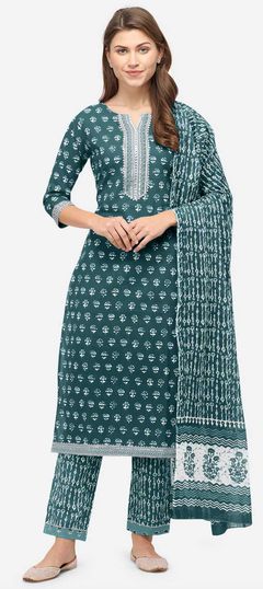 Blue color Salwar Kameez in Cotton fabric with Printed work