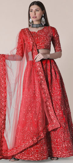 Red and Maroon color Lehenga in Taffeta Silk fabric with Embroidered, Stone, Thread work