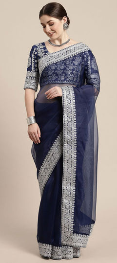 Blue color Saree in Organza Silk, Silk fabric with Embroidered, Thread work