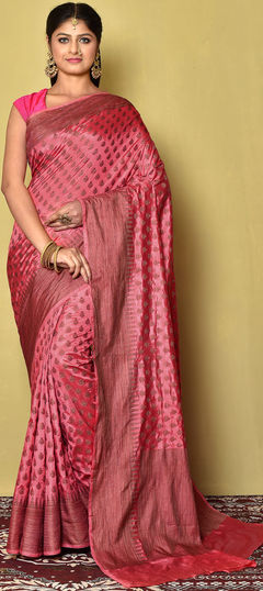 Red and Maroon color Saree in Dupion Silk, Silk fabric with Weaving work