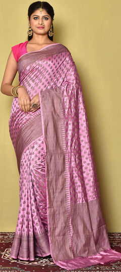 Pink and Majenta color Saree in Dupion Silk, Silk fabric with Weaving work