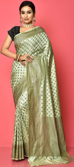 Black and Grey color Saree in Dupion Silk, Silk fabric with Weaving work